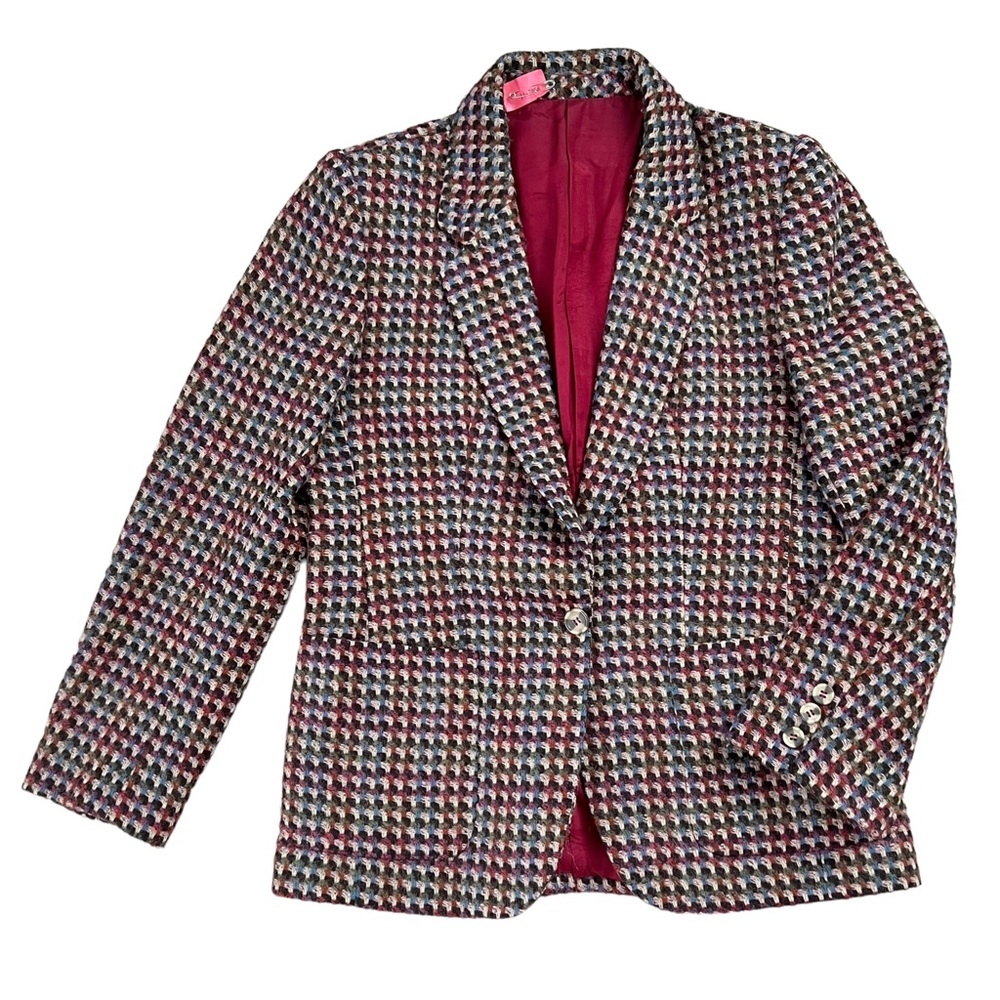 Vintage Alan Austin Houndstooth Single Button Wool Blazer Made in France